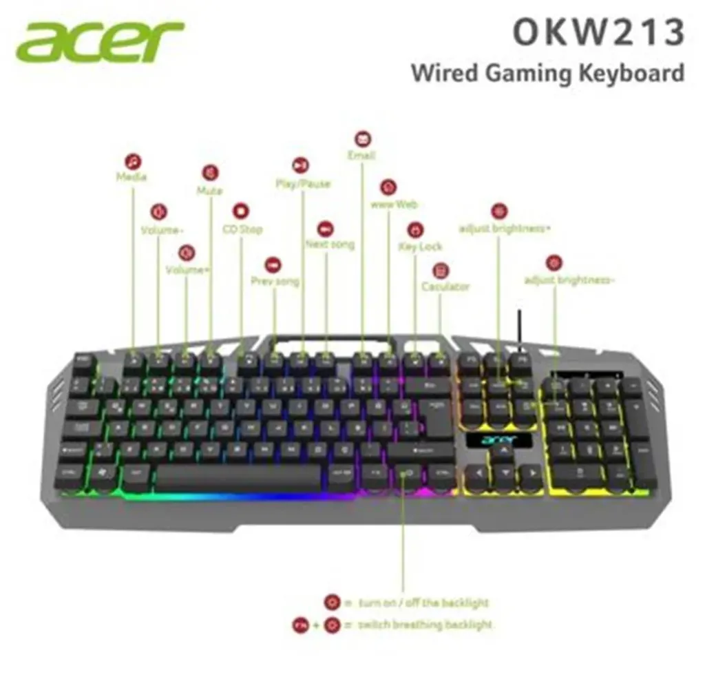 [2026STK00291] Acer OKW213 Gri RGB Rainbow Backlit Gaming Keyboard Rainbow (Kablo Uzunluğu 1,5mt)